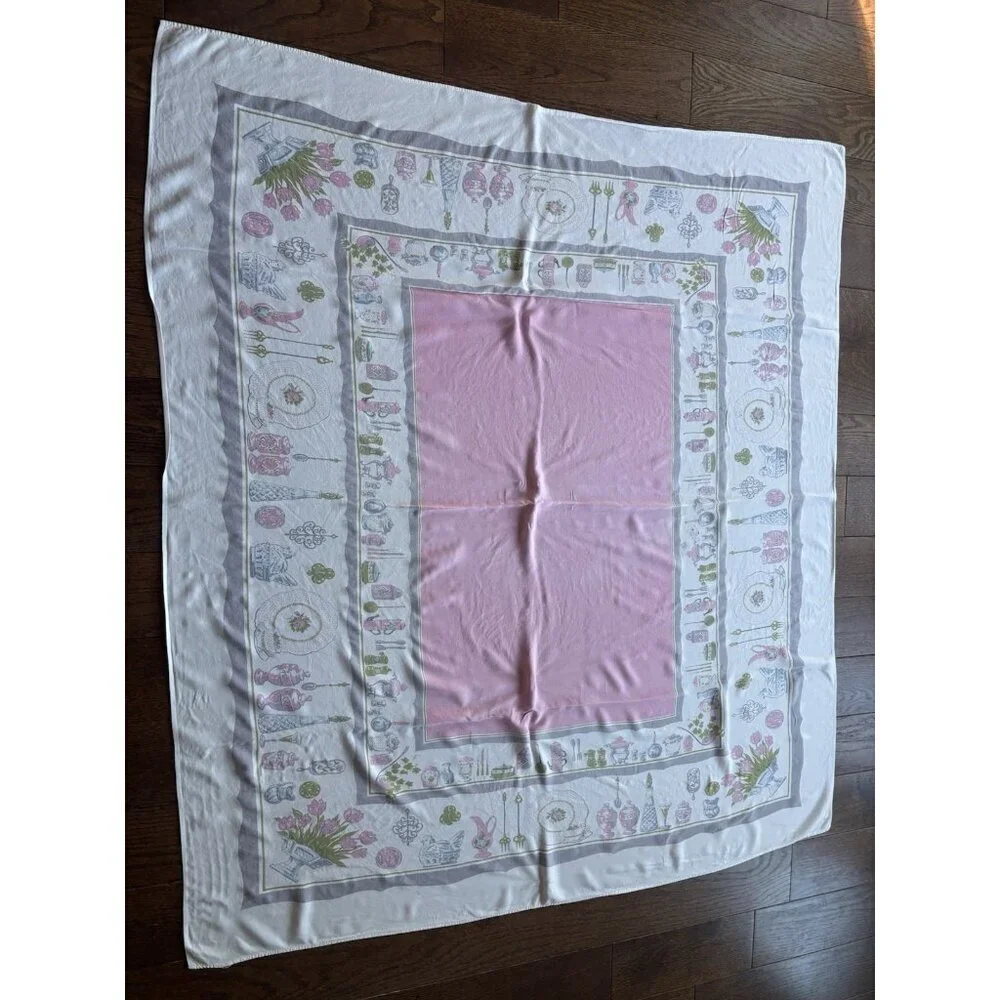 Vintage MCM Rooster Hen On Nest Pink Purple Country Tablecloth Square